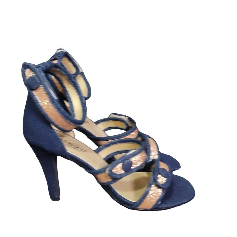 Stiletto Heel Sandal Blue Denim Gold Strappy Evening Beacon Romana II‎ 9.5M